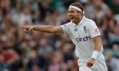 Stuart Broad points to the bails after his dismissal of Todd Murphy at the Oval