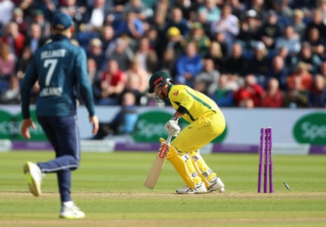 Australia’s Marcus Stoinis is bowled by Liam Plunkett.