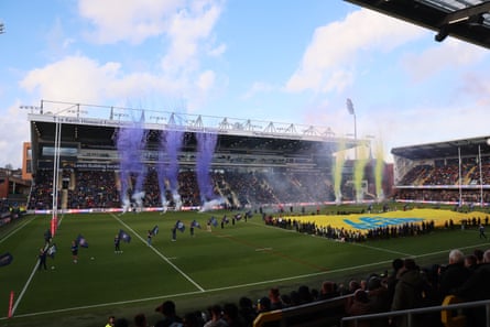 Pyrotechnics inside Headingley as the crowd wait for kick-off.