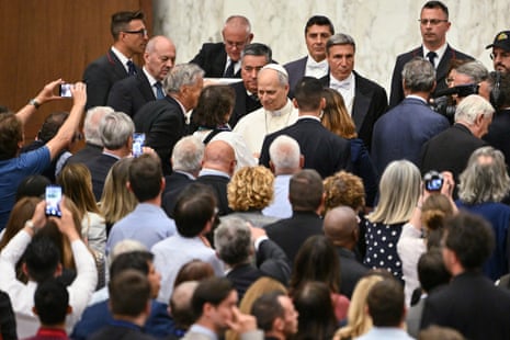 Pope Leo XIV meets with journalists during an audience to representatives of the media, at Paul-VI hall in the Vatican.
