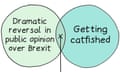 Venn diagram showing: Dramatic reversal in public opinion over Brexit/Getting catfished
