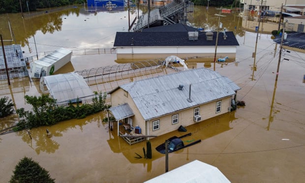 An aerial view of houses submerged under flood waters in Jackson, Kentucky.