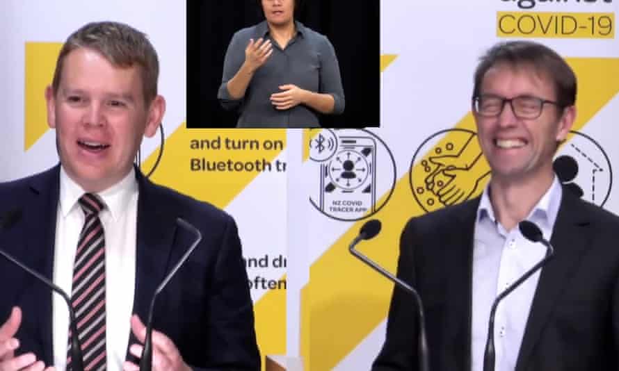 New Zealand’s Covid response minister, Chris Hipkins and the director general of health, Dr Ashley Bloomfield.