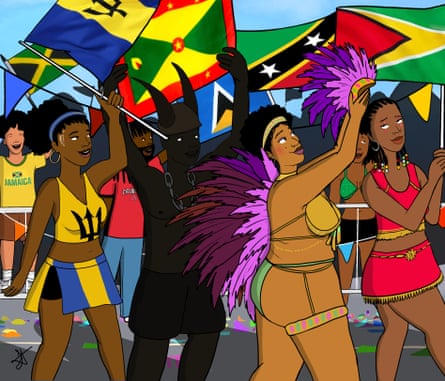 Carnival goers carry the flags of Guyana, Saint Kitts and Nevis, Grenada, Saint Lucia, Barbados and Jamaica.