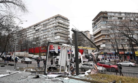 A bombed street in Kyiv on 24 February, 2022.