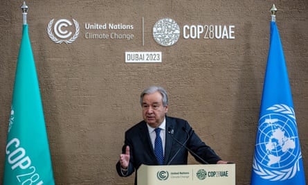 United Nations Secretary-General, Antonio Guterres, speaks to journalists during a COP28 press conference.