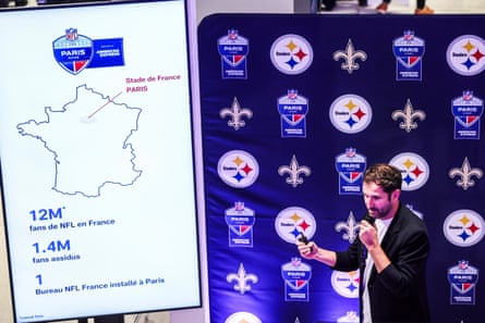 NFL France general manager Matthieu Maignal speaks at a press conference in Paris on Monday ahead of the league’s first regular-season game in France between the Pittsburgh Steelers and New Orleans Saints.