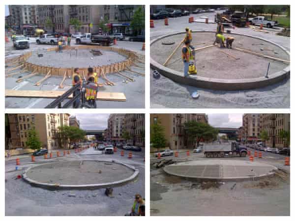 A roundabout being constructed at Intervale Avenue and Dawson Street in the Bronx, New York City.