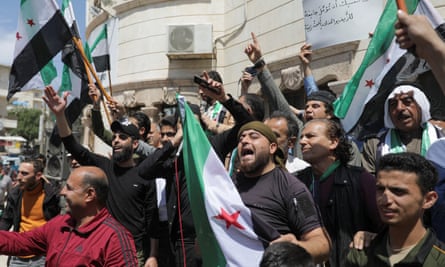 Protests in the rebel-held Syrian city of Azaz against the Arab League’s reintegration of Syria