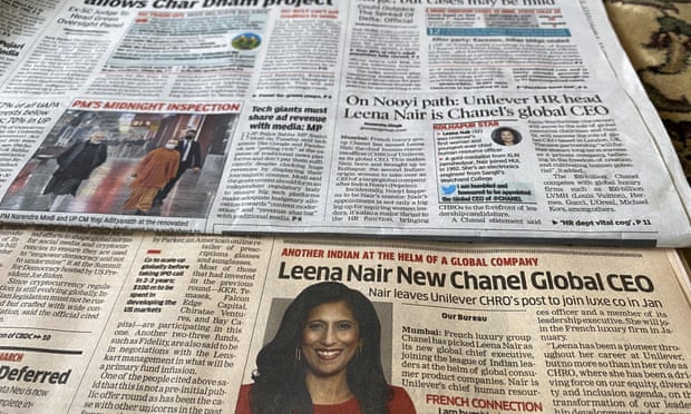 Leena Nair, the new Chanel chief, on the front page of two of India’s leading newspapers.