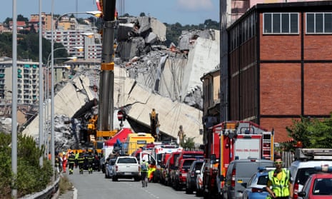 The emergency services and collapsed Morandi bridge