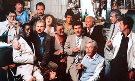 Colony Room Club members in the 1980s, including Michael Wojas, the club’s third and final proprietor; Doctor Who actor Tom Baker; the artist Francis Bacon; and journalist Jeffrey Bernard.