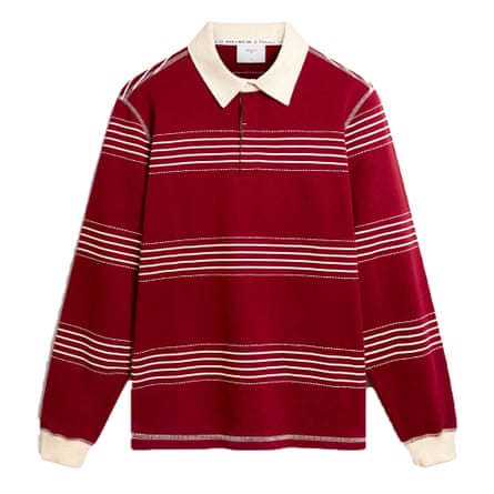 Percival rugby top in red with white stripes cuffs and collar
