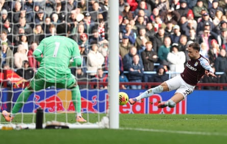 Aston Villa’s Matty Cash fires home the opening goal of the game against Arsenal.