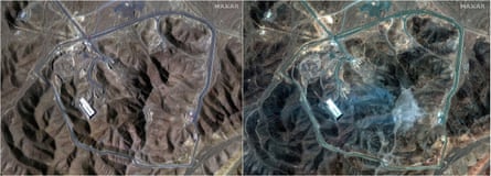 Satellite images over Fordow underground complex near Qom, Iran before and after the US struck the underground nuclear facility