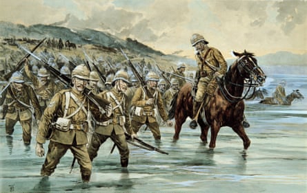 An illustration of British troops crossing the Sand River, South Africa, in the Boer war, by Frank Feller (1848-1908)