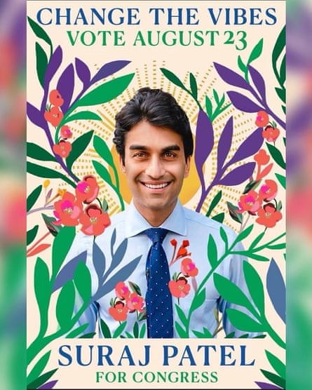 man in center of poster surrounded by flowers. says ‘change the vibes, vote august 23’ at the top