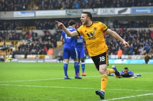 Diogo Jota celebrates a goal against Leicester in January 2019
