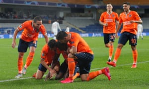 Istanbul Basaksehir players celebrate Demba Ba’s opening goal against Manchester United.