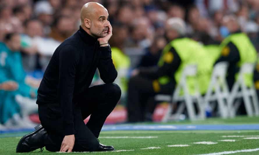 Pep Guardiola watches from the touchline as his side lose to Real Madrid in extraordinary fashion.