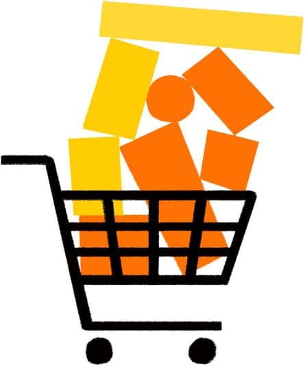 A shopping cart logo filled with yellow and orange rectangles and one circle