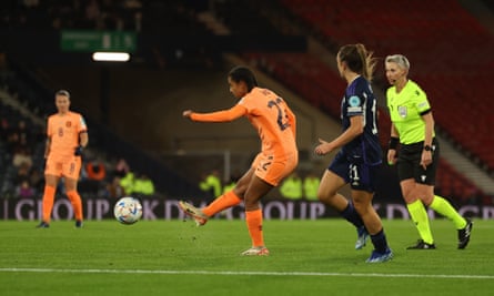Esmee Brugts scores the only goal of the game for the Netherlands at Hampden Park.