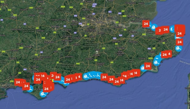 The Southern Water Beachbuoy map marks beaches at risk of pollution from raw sewage discharges.