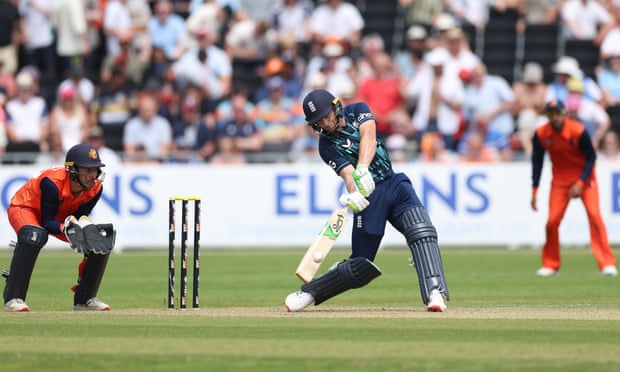 England's Jos Buttler hits a boundary against the Netherlands