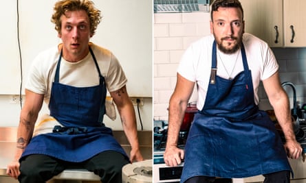 Jeremy Allen White in The Bear (left) and Chris Godfrey in his kitchen.