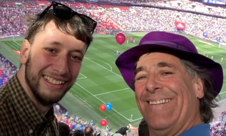 Mark Steel with son Elliot at Wembley stadium.