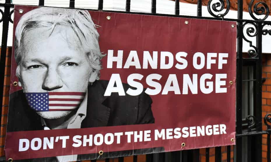 A pro-Assange banner outside the Ecuadorian embassy in London
