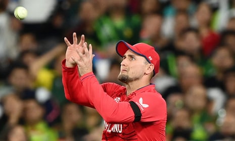 Liam Livingstone of England takes a catch to dismiss Shan Masood of Pakistan.