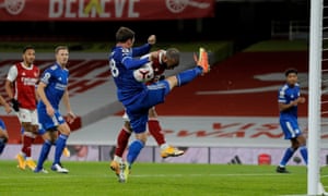 Alexandre Lacazette of Arsenal heads at goal.