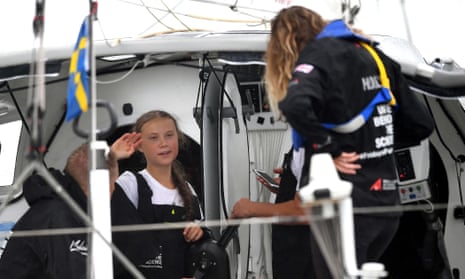 US-ENVIRONMENT-SWEDEN-CLIMATE-THUNBERG<br>Swedish climate activist Greta Thunberg, 16, arrives in the US after a 15-day journey crossing the Atlantic in the Malizia II, a zero-carbon yacht, on August 28, 2019 in New York. - "Land!! The lights of Long Island and New York City ahead," she tweeted early Wednesday. She later wrote on Twitter that her yacht had anchored off the entertainment district of Coney Island in Brooklyn to clear customs and immigration. (Photo by Johannes EISELE / AFP)JOHANNES EISELE/AFP/Getty Images