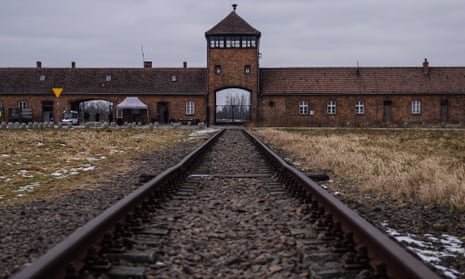 The train track leading to the main entrance of Auschwitz, January 2022