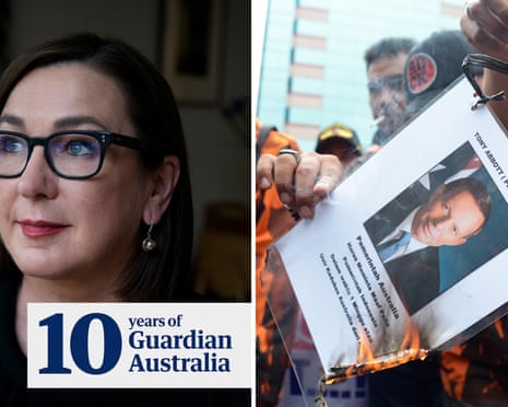 Composite of Lenore Taylor and Indonesian protesters burning a photo of Tony Abbott