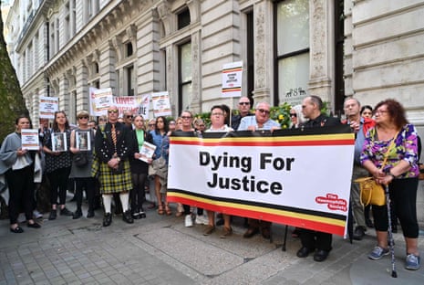 A demonstration outside the infected blood inquiry hearing this afternoon.