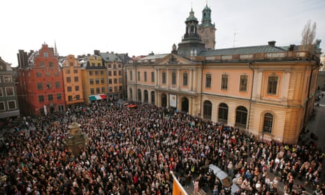 Protesters outside the Swedish Academy building in Stockholm on 19 April. The mainly female crowds were showing their support for former permanent secretary Sara Danius who had stepped down.