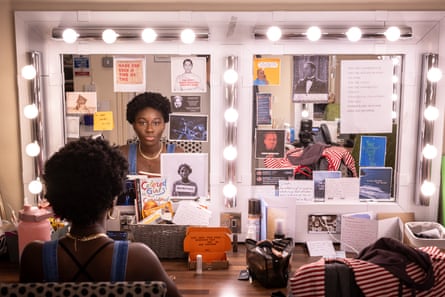 Heather Agyepong, framed by the notes, messages and reminders that adorn her dressing room mirror at the Duke of York’s theatre, as she prepares for her role as Des in Shifters.