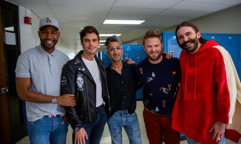 A picture of the Queer Eye, in which Antoni Porowski is wearing the jacket that is subject to the lawsuit.
