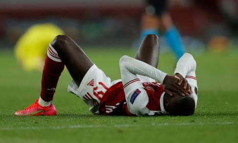 Nicolas Pépé  looks dejected at the final whistle as Arsenal exit the Europa League