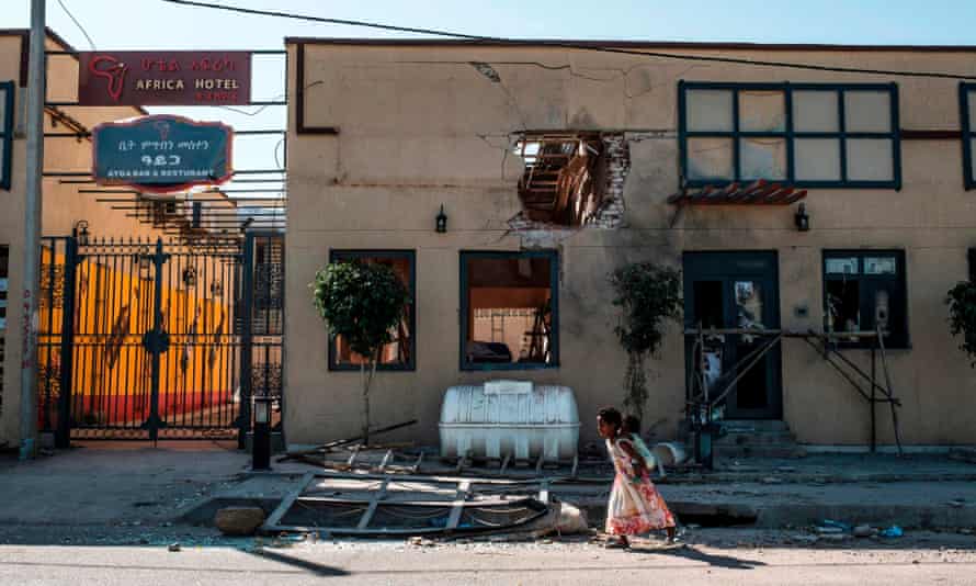 A hotel damaged by mortar shelling in Humera