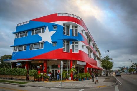 Outside La Placita, a restaurant by chef José Mendín that takes a modern approach to Puerto Rican food. The restaurant was opened in the aftermath of Hurricane Maria and it’s building is decorated by the Puerto Rican flag, which has become an iconic sight among the Miami skyline.