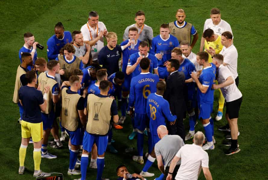 Eintracht Frankfurt v Rangers: Europa League final, extra time – live! | Europa League 1 Rangers manager Giovanni van Bronckhorst gives his players a pep talk before the start of the second half of extra time.