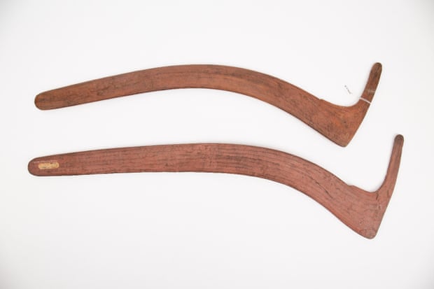 Two hooked boomerangs from the Warumungu people.