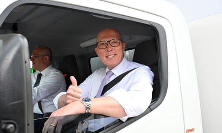 Leader of the Opposition Peter Dutton at a petrol station in Hoxton Park in Sydney on day 11 of his 2025 Federal Election Campaign