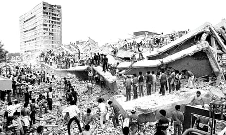 A residential block collapses during the Mexico City earthquake in September 1985.