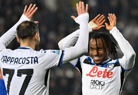 Ademola Lookman celebrates scoring for Atalanta with Davide Zappacosta