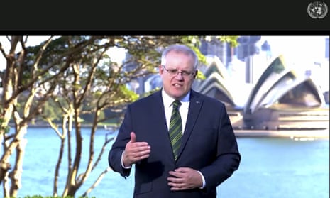 The Australian prime minister, Scott Morrison, makes his pre-recorded speech to the UN with the Sydney Opera House as a backdrop.
