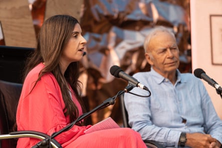 Randa Abdel-Fattah speaks on a panel beside Peter Singer